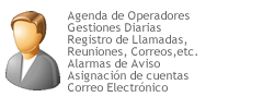 Agenda de Operadores Gestiones Diarias Registro de Llamadas, Reuniones, Correos,etc. Alarmas de Aviso Asignación de cuentas Correo Electrónico